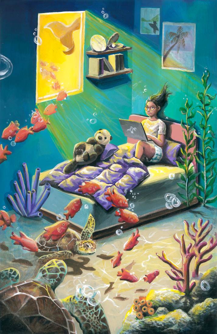 A girl sits in her bed using a laptop. The room appears to be underwater and is full of ocean creatures, kelp, and coral. Fish swim in through the window.