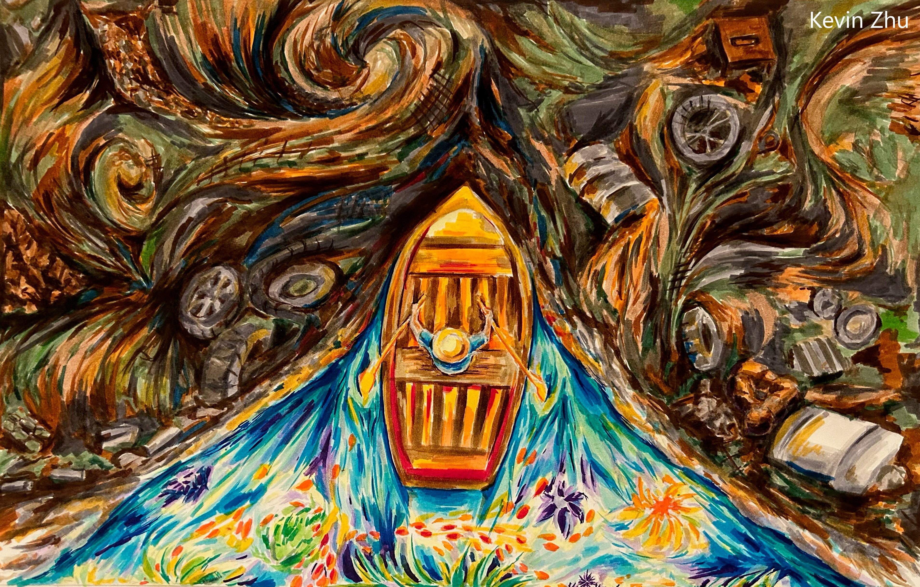 Artwork showing a person rowing a boat through trash-filled waters, but leaving behind clear water filled with colors. Artwork by Kevin Zhu.