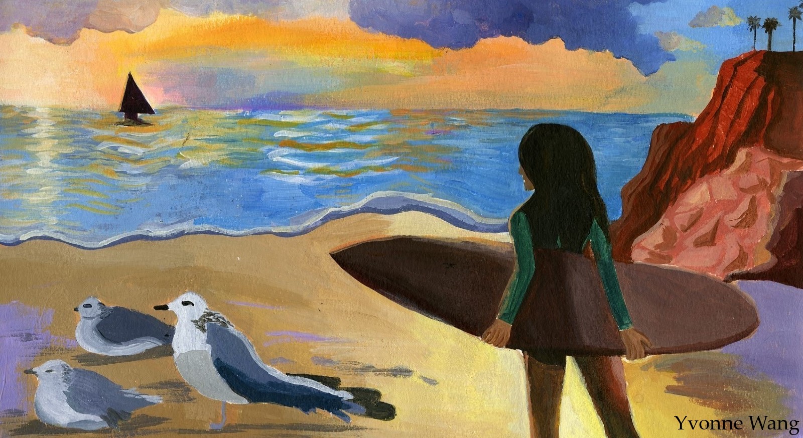 painting by YvonneWang of a girl with surfboard on a beach