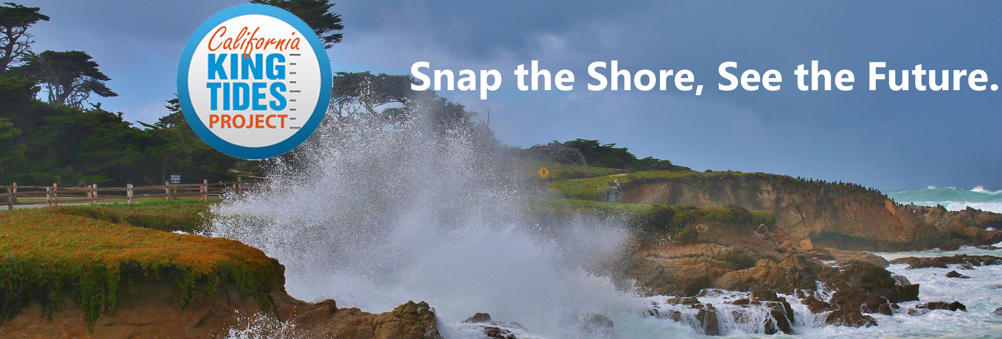 California King Tides Project. Snap the Shore, See the Future. Waves splash at Cypress Point, Pacific Grove