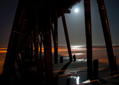 Full Moon Setting at Port Hueneme Pier,by Larry Brambles