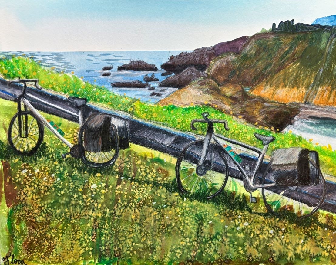 A painting of bikes parked atop a coastal bluff