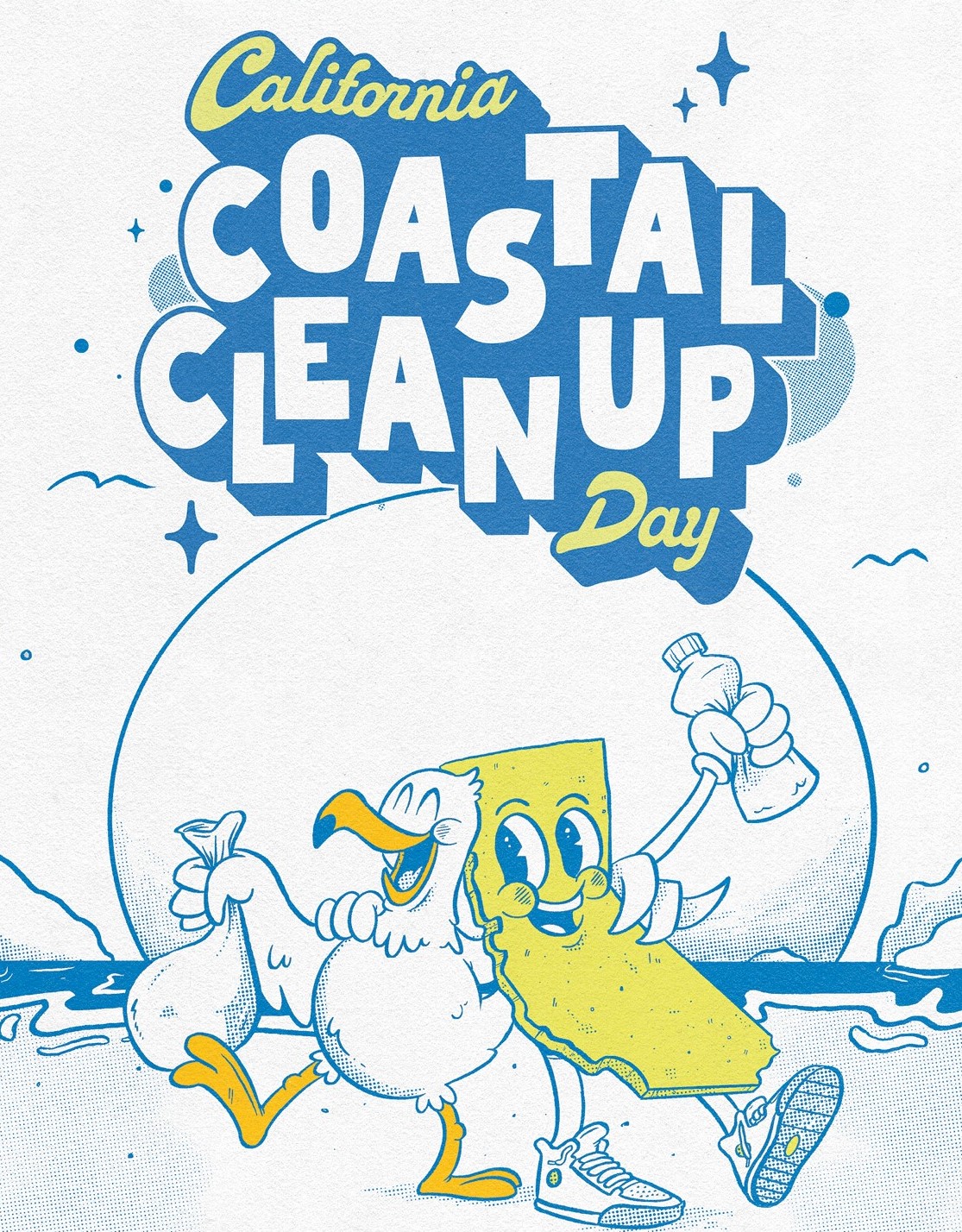 California Coastal Cleanup Day poster image. Shows a cartoon gull and State of California with arms around eachother and holding trashbags