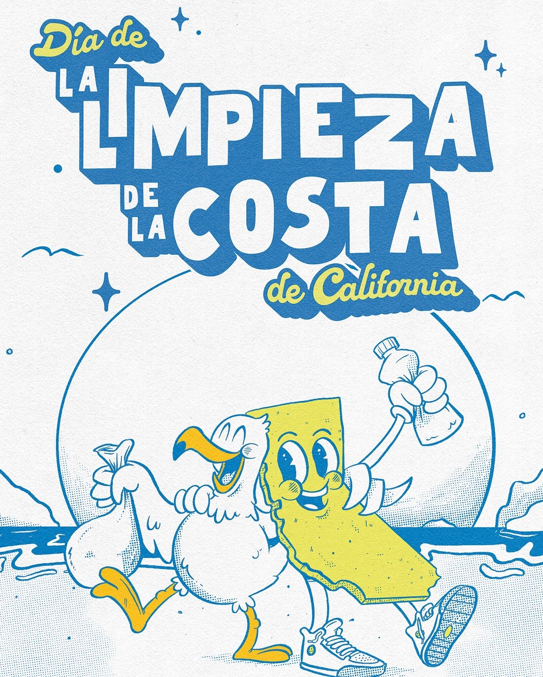 California Coastal Cleanup Day poster image. Shows a cartoon gull and State of California with arms around eachother and holding trashbags