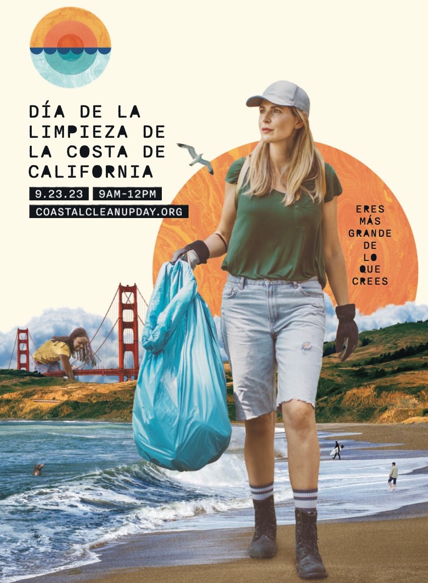California Coastal Cleanup Day poster image. Shows 'giant' people picking up trash on the beach, Golden Gate Bridge in distance