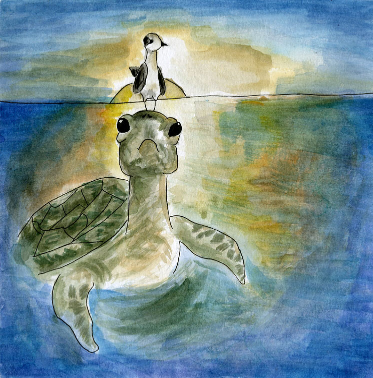 A painting of a bird standing on a turtle's head as the turtle swims in the ocean, by Catherine Gruen