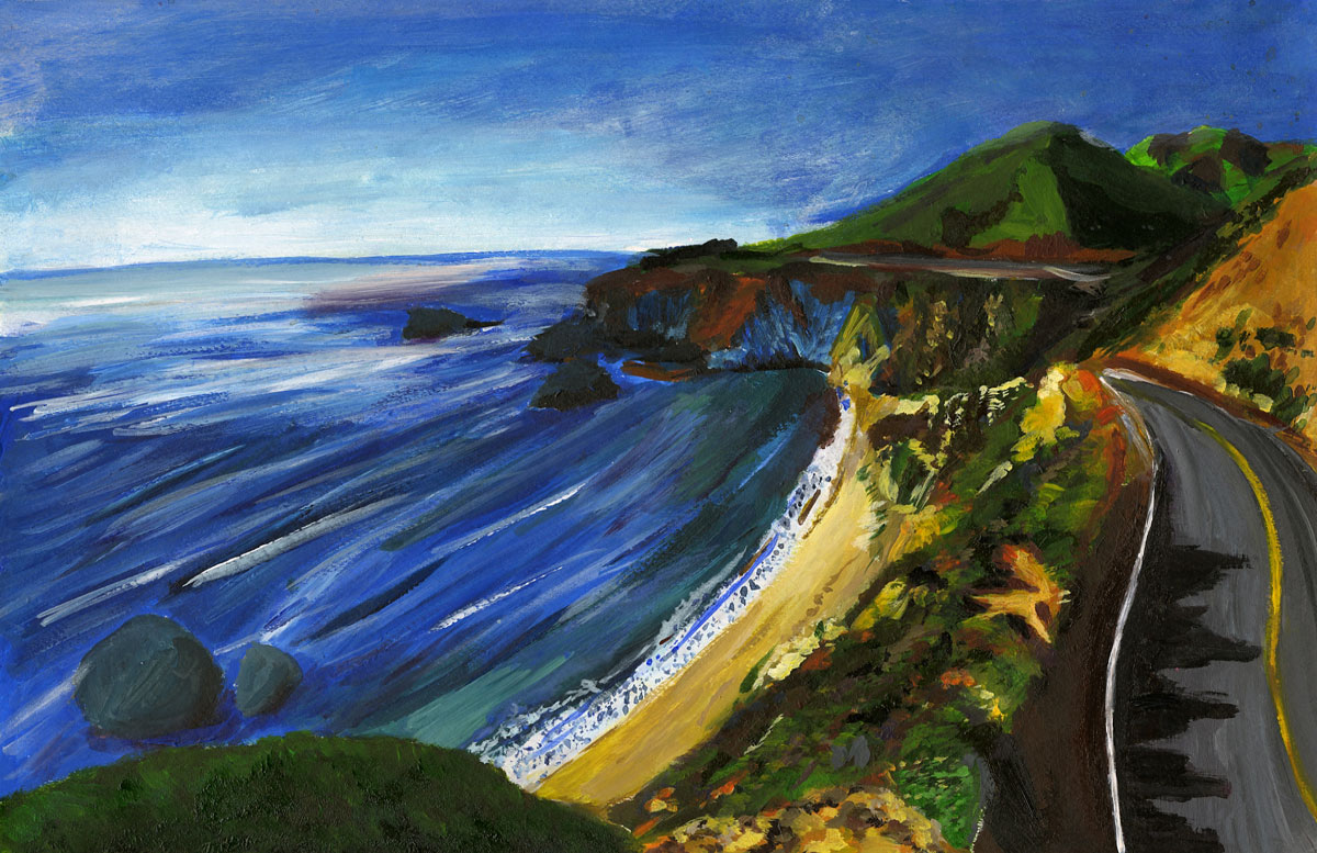 Painting of Highway One curving along green bluffs above the ocean, by Cindy Zhou