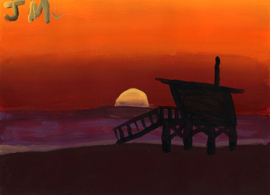 A painting of a lifeguard tower in front of a red sunset, by Joe Malamed