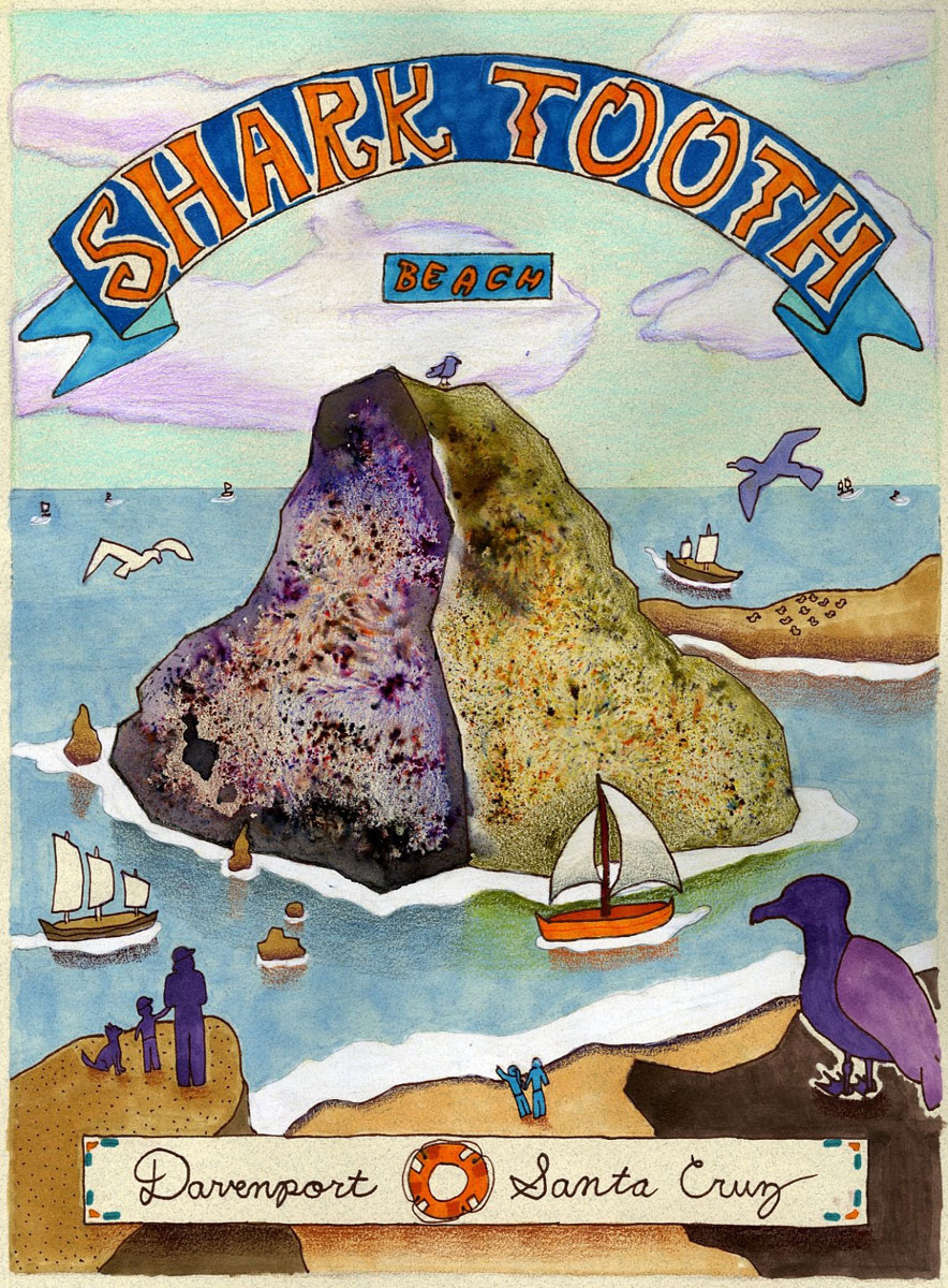 A painting like an old-fashioned travel poster of Shark Tooth Beach in Davenport, Santa Cruz County. Boats, birds, rocks, beach-goers, by Jadan Ip