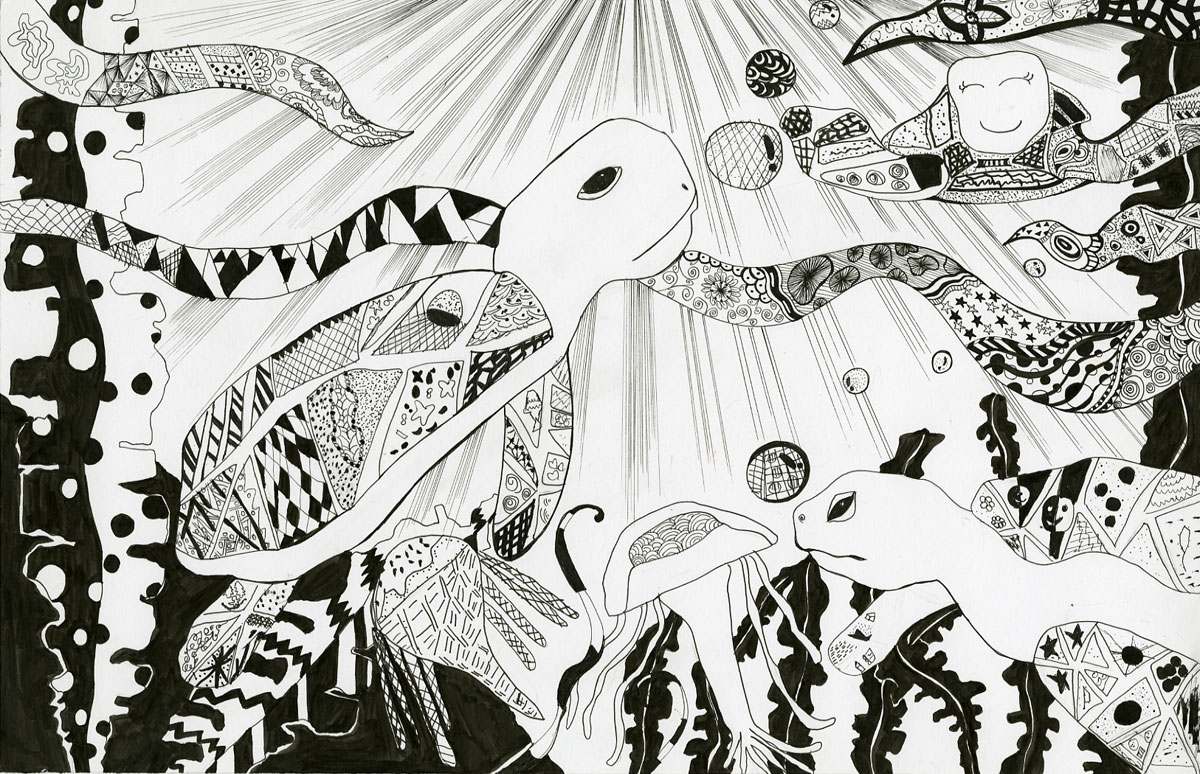 Black and white drawing of multi-patterned turtles and other marine animals swimming underwater, by Jean Lee