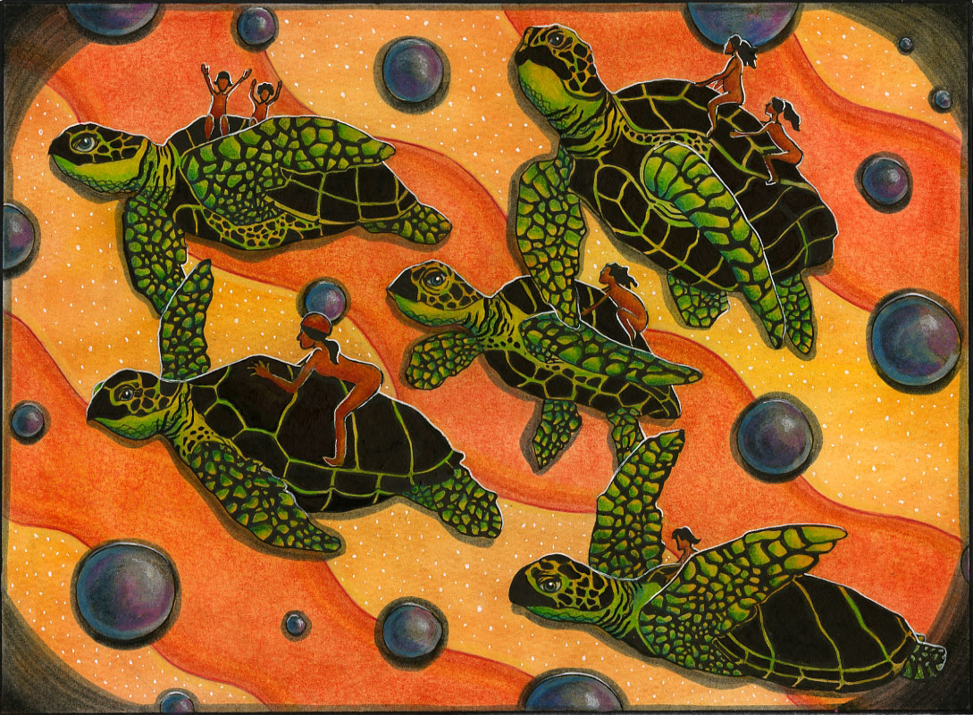 Fantastical painting showing women riding atop oversized turtles swimming among giant bubbles through an orange sea, by Madeleine Aub