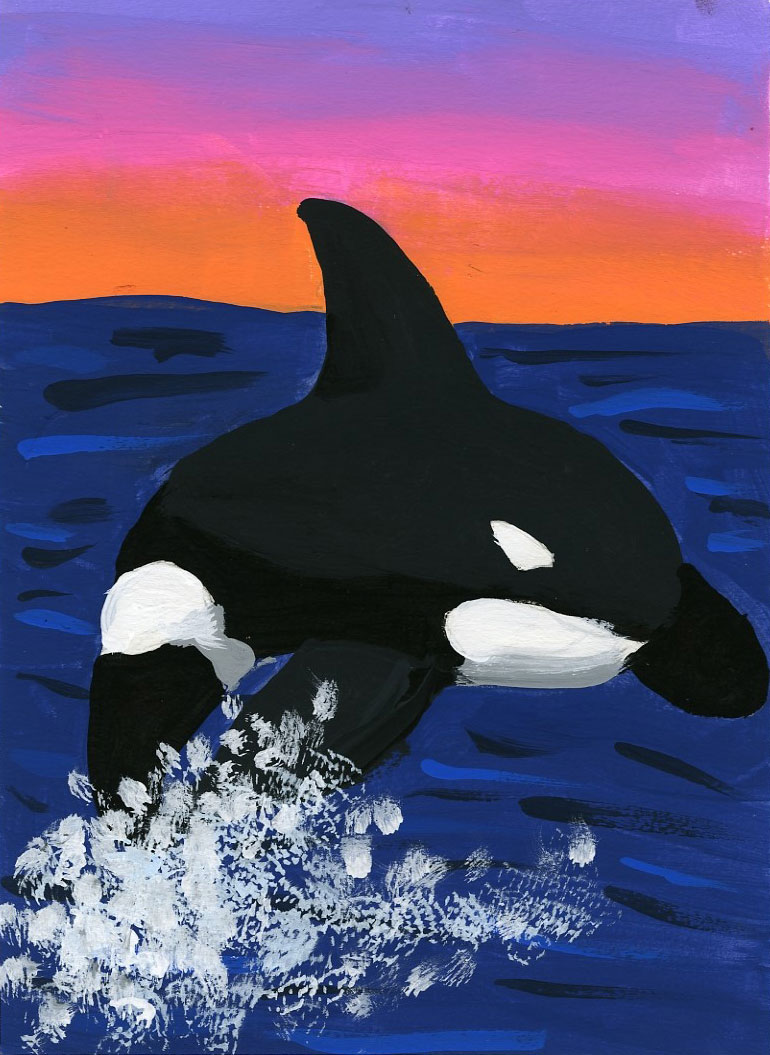 Painting of a leaping orca, in brilliant colors, by Mila Hetzel