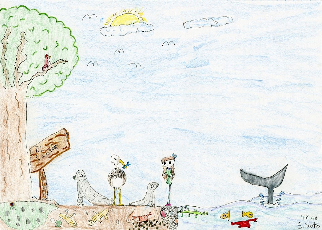 Drawing of a girl and animals at El Capitan Beach, by Sofia Soto