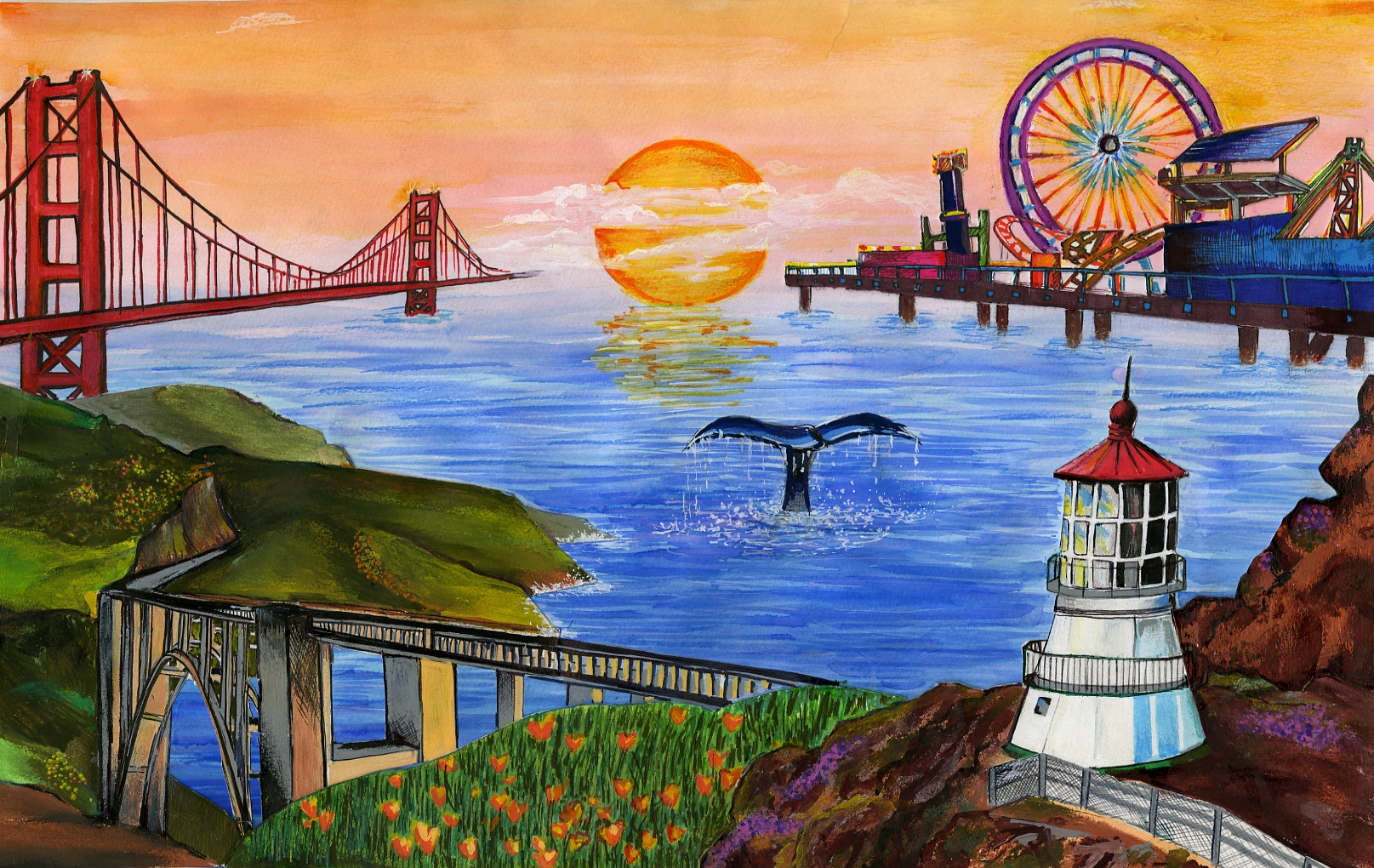 An ocean scene, composit of four locations: Golden Gate Bridge, Bixby Bridge, Point Reyes Lighthouse, and Santa Monica Pier, the sun setting in the center of the image and an whale tail showing above the water