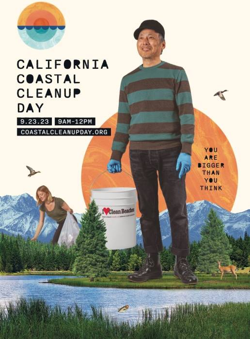 2023 Coastal Cleanup Day Inland Poster. Larger than life people collect trash in an alpine meadow setting. Text: You are bigger than you think. California Coastal Cleanup Day, 9.23.23, 9am-noon, coastalcleanupday.org