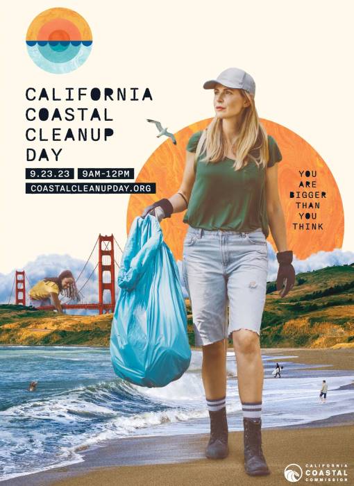 2023 Coastal Cleanup Day NorCal Poster. Larger than life people collect trash on a San Francisco beach. Text: You are bigger than you think. California Coastal Cleanup Day, 9.23.23, 9am-noon, coastalcleanupday.org