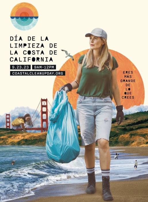 2023 Coastal Cleanup Day NorCal Poster in Spanish Larger than life people collect trash on a San Francisco beach.