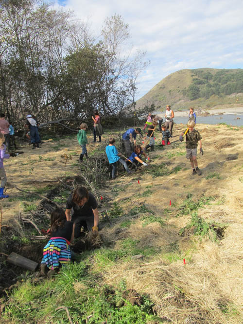 Students and leaders working near the river