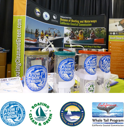 Image showing personal fishing line container and logos for Stow It Don't Throw It, Boating Clean and Green, and Whale Tail Programs of the California Coastal Commission